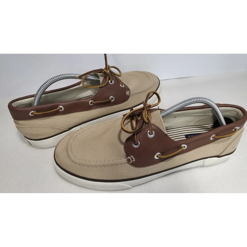 Polo Ralph Lauren Rylander Beige Canvas Brown Leather Boat Shoe 11 D
